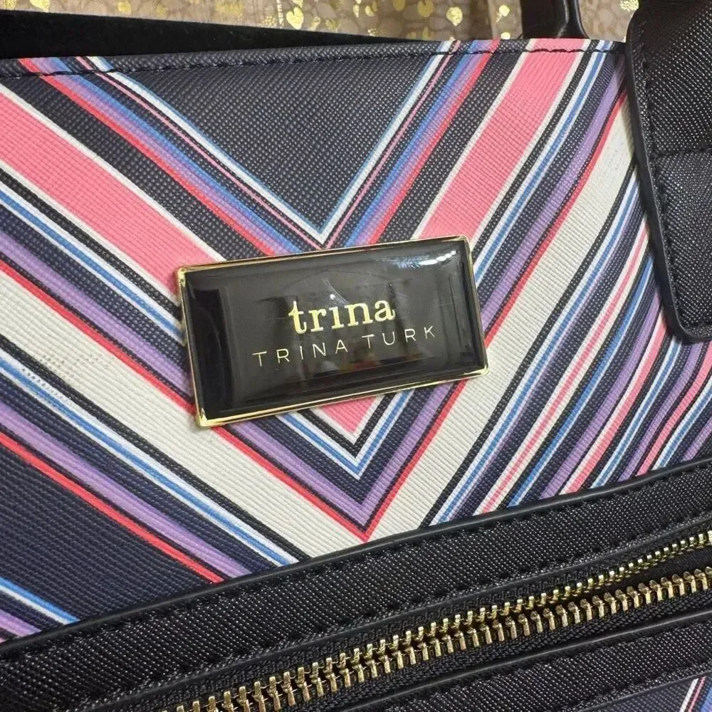 Trina Turk Pink Purple Black Chevron Print Tote Bag Large Purse EUC